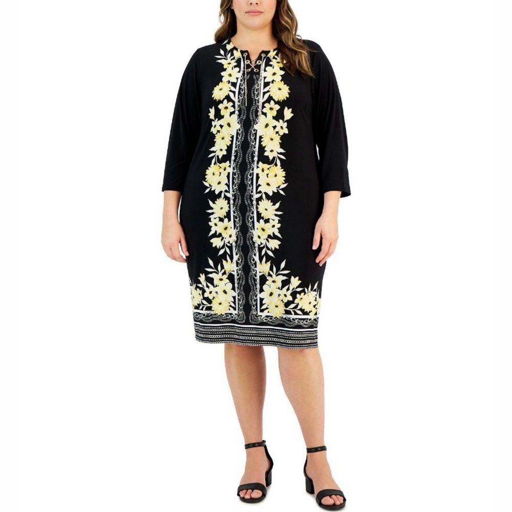 Black Yellow Floral Knee Length Dress 3X NWT